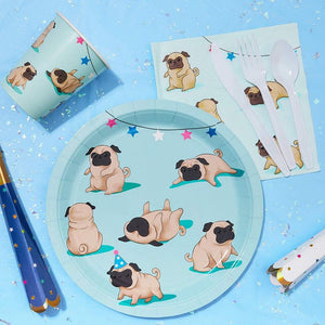 Disposable Dinnerware Set - Serves 24 - Dog Party Supplies for Kids Birthdays, Pugs Design, Includes Plastic Knives, Spoons, Forks, Paper Plates, Napkins, Cups