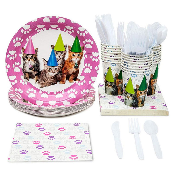 Kitten Party Supplies, Includes Plates, Napkins, Cups, and Cutlery (Serves 24, 144 Pieces)