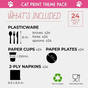 Kitten Party Supplies, Includes Plates, Napkins, Cups, and Cutlery (Serves 24, 144 Pieces)