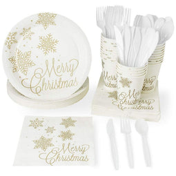 Winter Wonderland Christmas Party Bundle, Includes Paper Plates, Napkins, Cups, and Cutlery (Serves 24, 144 Pieces)