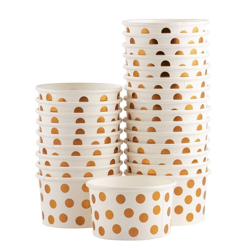 Disposable Ice Cream Cups, Dessert Bowls with Rose Gold Polka Dots (8 oz, 50 Pack)