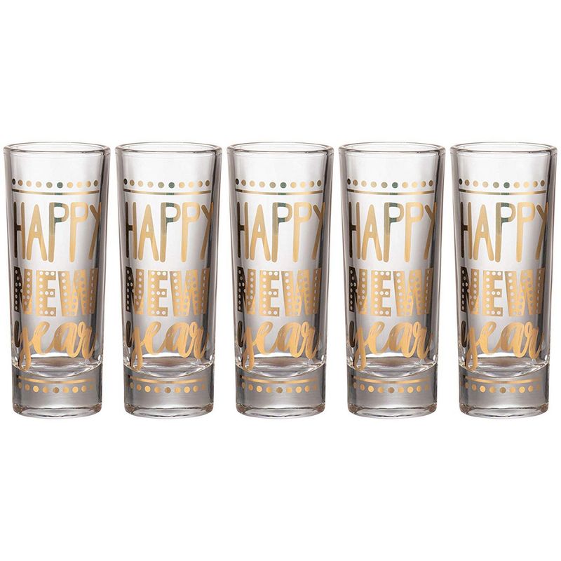 New Years Shot Glasses, NYE Party Supplies (Gold Foil, 2 oz, 5 Pack)