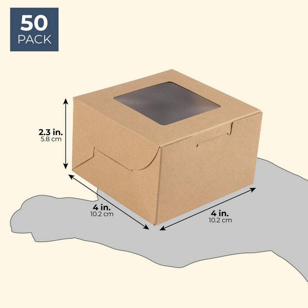 Cake Box – 50 Pack Disposable Pastry Box, Kraft Paper Bakery Box with Display Window for Mini Cake, Cupcake, Cookie, Dessert, Donuts, Pastry - 4 x 4 x 2.3 Inches, Brown