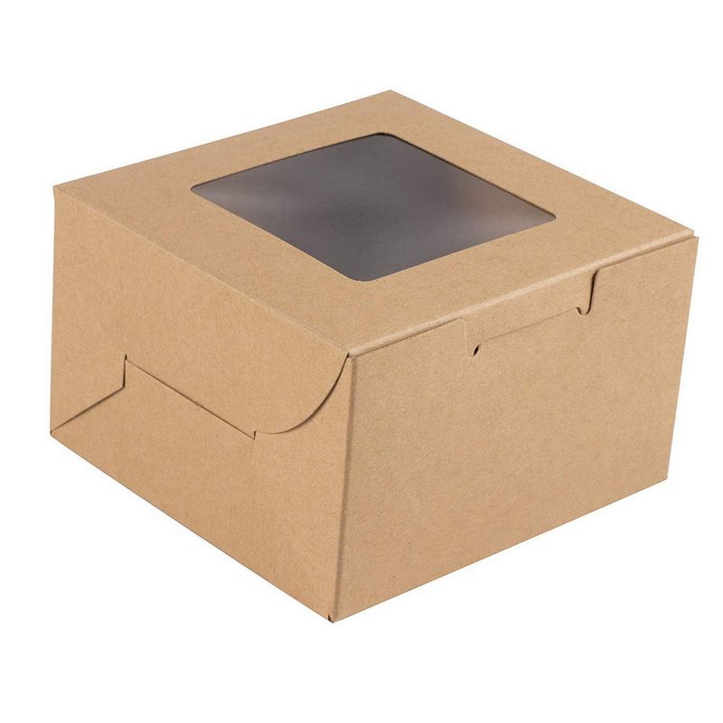 Cake Box – 50 Pack Disposable Pastry Box, Kraft Paper Bakery Box with Display Window for Mini Cake, Cupcake, Cookie, Dessert, Donuts, Pastry - 4 x 4 x 2.3 Inches, Brown