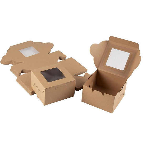 Cake Box – 25 Pack Disposable Pastry Box, Kraft Paper Bakery Box with Display Window for Mini Cake, Cupcake, Cookie, Dessert, Donuts, Pastry - 4 x 4 x 2.3 Inches, Brown