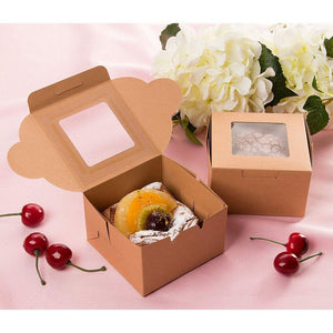 Cake Box – 25 Pack Disposable Pastry Box, Kraft Paper Bakery Box with Display Window for Mini Cake, Cupcake, Cookie, Dessert, Donuts, Pastry - 4 x 4 x 2.3 Inches, Brown
