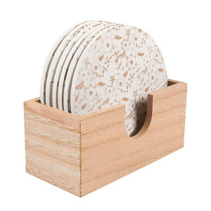 Juvale Wood Coasters - 6 Pack Round Wooden Coasters with Holder, White Floral Design, 3.8 Inches Diameter