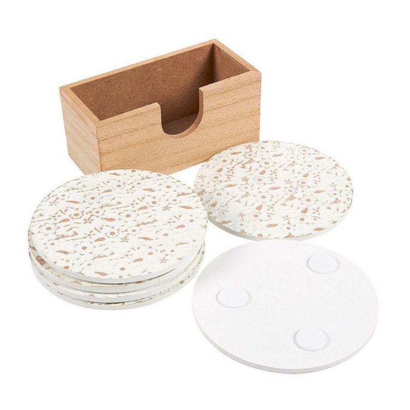 Juvale Wood Coasters - 6 Pack Round Wooden Coasters with Holder, White Floral Design, 3.8 Inches Diameter