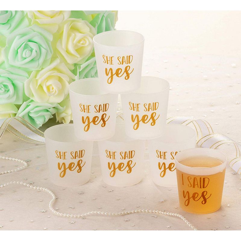 Plastic Shot Glasses - 15 Pack – Bachelorette Party Shot Glasses, Mini Disposable Plastic Shot Glasses, Wedding Party Props, Favors, Frosted White with Gold Foil, Holds 3.7oz