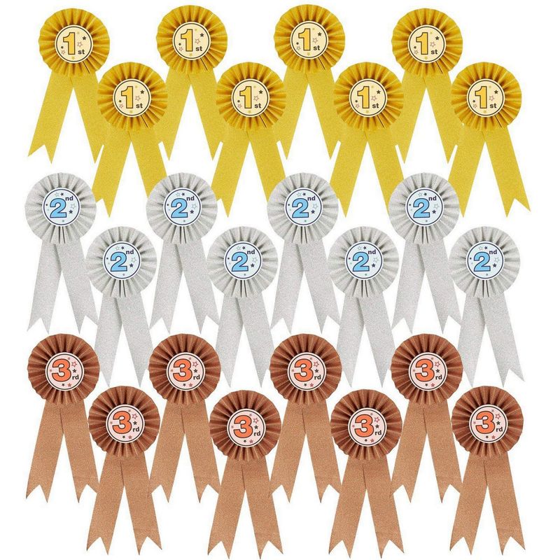 24-Pack Award Ribbons - Participation Decorations, Rosette Ribbons, 1st,  2nd, and 3rd Place Recognition Awards for Spelling Bees, Science Fairs