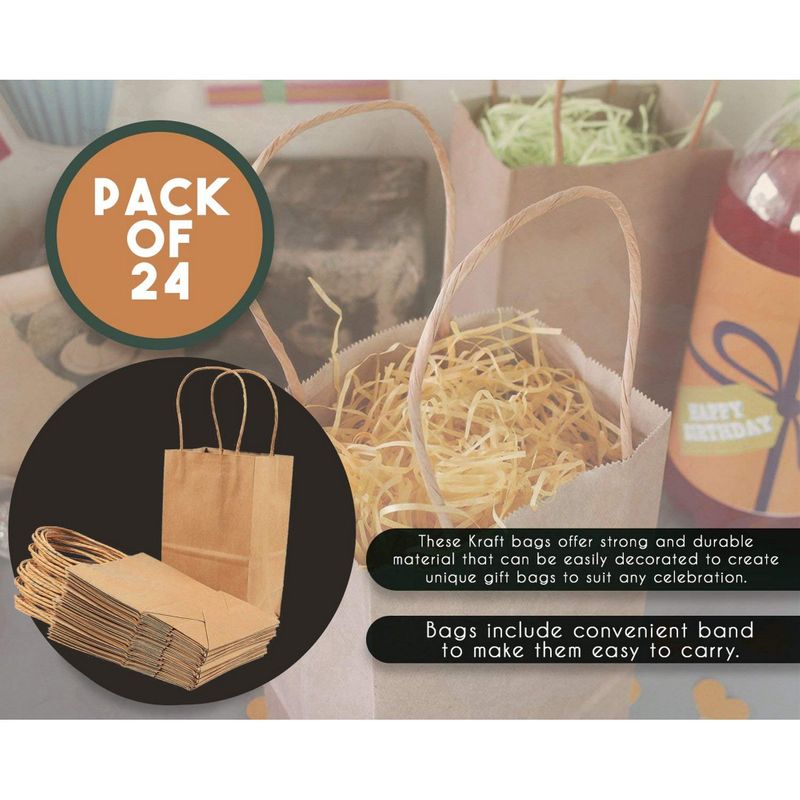 Juvale Small Kraft Paper Gift Bags with Handles (Brown, 8.5 x 5.25 Inches, 24 Count)