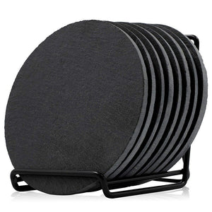 Round Black Slate Coasters with Rack (4 Inches, 9 Pieces)