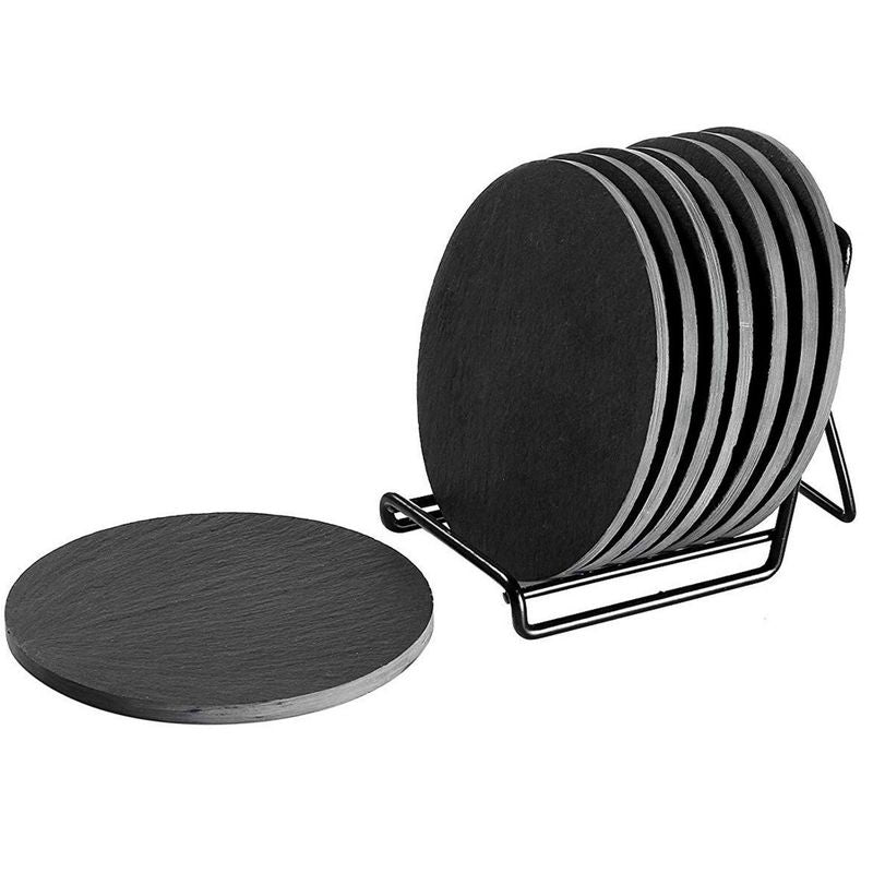 Round Black Slate Coasters with Rack (4 Inches, 9 Pieces)
