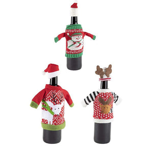 Ugly Christmas Sweater Wine Bottle Covers, Xmas Holiday Decor Gifts (3 Pack)