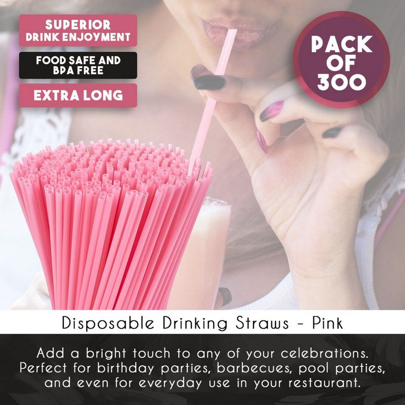 Juvale 300-Pack Plastic Pink Disposable Party Drinking Straws for Baby Showers & Birthdays, Extra Long Size, 10 Inches