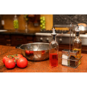 Oil and Vinegar Dispensers 5 Piece Combo Set - Includes Glass Cruet Set and Salt and Pepper Shakers with Convenient Caddy Stand - Features Lever Release Pourer & Stainless Steel Tops - 9 oz. and 4 oz.