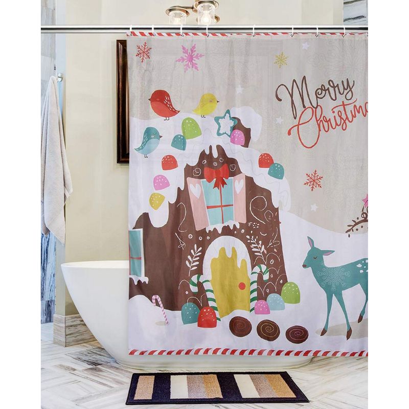 Juvale Christmas Shower Curtain with Hooks - Mildew Resistant Holiday Themed Shower Curtain, Large Decorative Bathroom Accessory, Polyester Fabric, Gingerbread House Design, Light Tan, 71 Inches