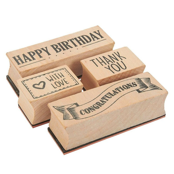 4-Piece Card Making Stamps Set - Wood Mounted Rubber Stamps for Card Making, DIY Crafts, Scrapbooking - Happy Birthday, Thank You, Congratulations, with Love