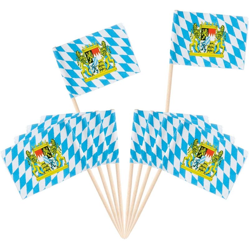 Oktoberfest Cocktail Picks - 200-Pack Disposable Bavarian Flag Cupcake Topper Decoration, Theme Party Bamboo Toothpicks, Blue and White, 2.6 x 1.6 Inches