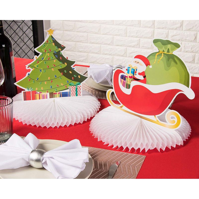Juvale Christmas Honeycomb Decorations, Santa Sleigh, Christmas Tree, Happy Holidays (12 x 11 in, 3 Pack)