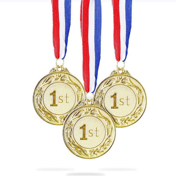 Juvale 6-Pack Gold 1st Place Award Medal Set - Metal Olympic Style for Sports, Competitions, Spelling Bees, Party Favors, 2.5 Inches in Diameter with 32-Inch Ribbon