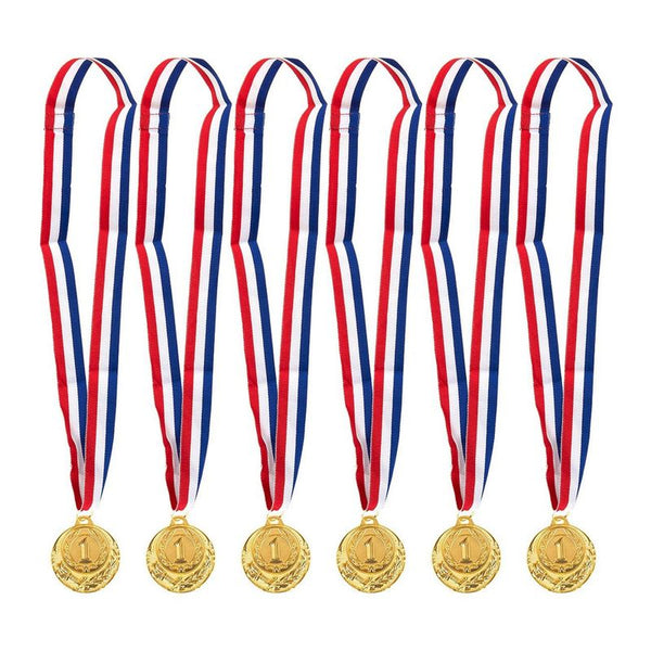 Juvale 6-Pack Gold Medal Set - Olympic Style Winner Award Medals for Sports, Competitions, Spelling Bees, Party Favors, 2 Inches in Diameter with 31-Inch Ribbon