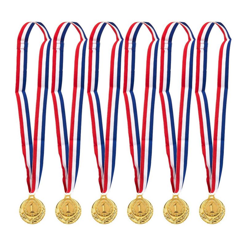 Juvale 6-Pack Gold Medal Set - Olympic Style Winner Award Medals for Sports, Competitions, Spelling Bees, Party Favors, 2 Inches in Diameter with 31-Inch Ribbon