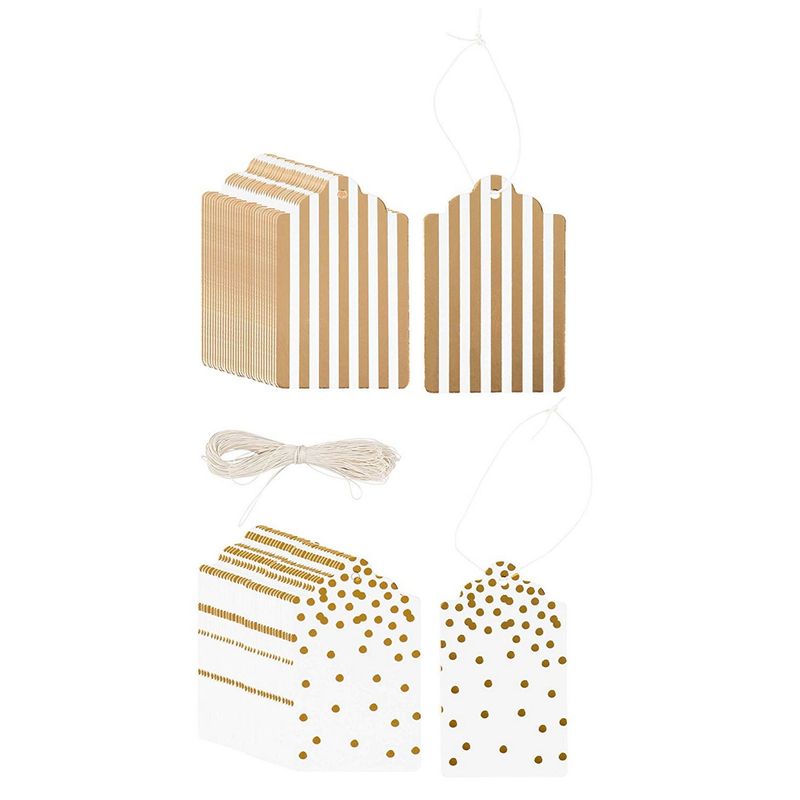 Gift Tags - 120-Pack Gold Foil Paper Tag, Craft Hang Labels, Name Price Size Labels for Wedding, Birthday, Christmas Holiday, Party Favor, Gold Stripes and Polka Dots Design, 520 gsm, 1.8 x 3.2 Inches