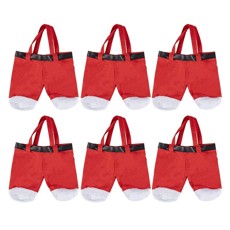 Christmas Candy Gift Bags - 6-Pack Santa Claus Pants Style Holiday Treat Tote Bags, Festive Party Favors Supplies, For Kids and Adults, Red and White, 11.5 x 9 Inches