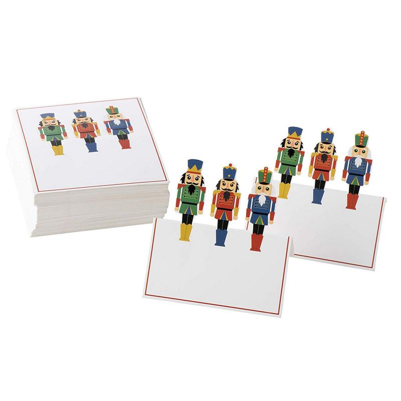 Juvale Christmas Table Place Cards - 100-Pack Paper Tent Cards with Nutcracker Soldier Die Cut Design, Holiday Festive Colorful Dining Table Decoration and Party Supplies, White, 2 x 3.5 Inches