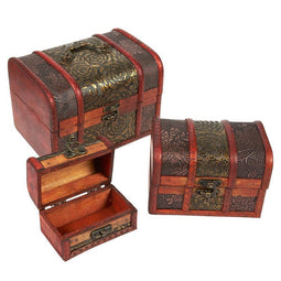 Set of 3 Wooden Treasure Chest Box, Decorative Wood Storage Trunk for Pirate Jewelry Keepsake Toy, Carved Flower
