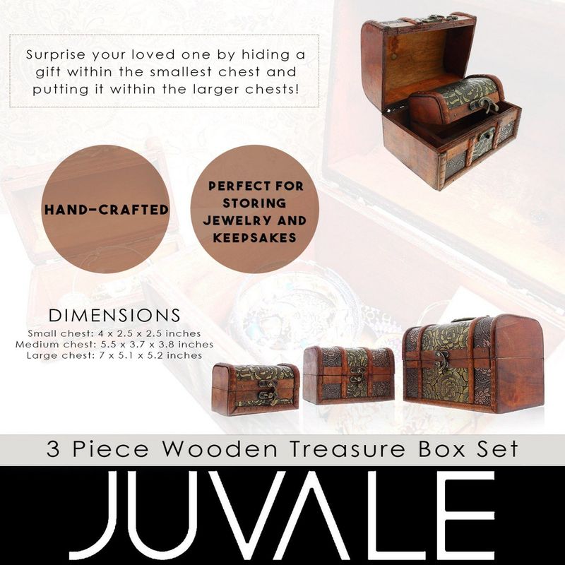 Set of 3 Wooden Treasure Chest Box, Decorative Wood Storage Trunk for Pirate Jewelry Keepsake Toy, Carved Flower