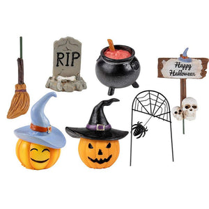Juvale Halloween Fairy Garden Kit – 7-Piece Halloween Miniature Resin Figurines, Garden Ornaments, Party Favors, Including Pumpkins, Spider Web, Skulls, Tombstone Outdoor, Lawn Home Decoration