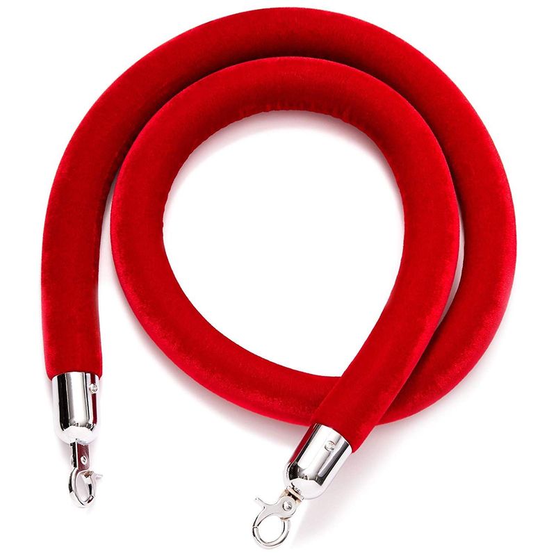 Juvale 2-Pack Red Velvet Stanchion Rope with Silver Chrome Plated Hooks, 5 Feet