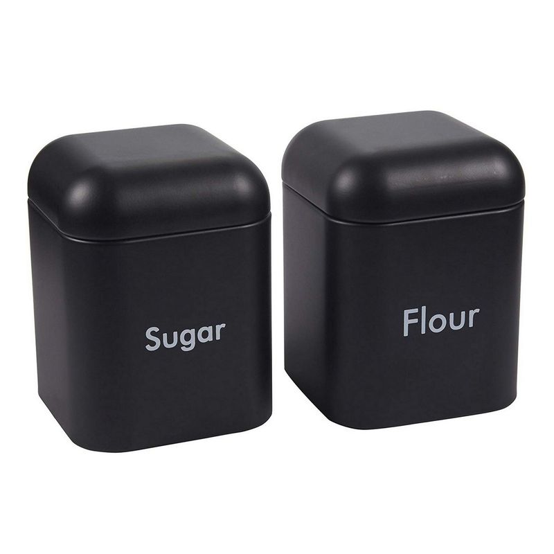 Juvale Kitchen Canister Set - 2-Piece Stainless Steel Sugar and Flour Storage Container Jars with Steel Lids, Black, 4.5 x 6 x 4.5 Inches