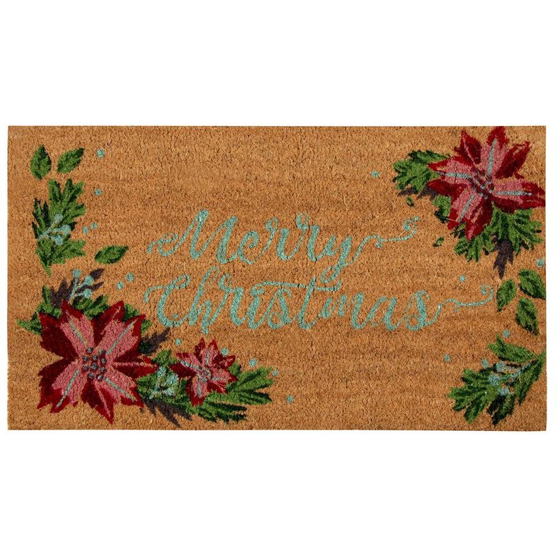 Poinsettia Merry Christmas Welcome Doormat, Holiday Decor, Natural Coir (30 x 17 in)