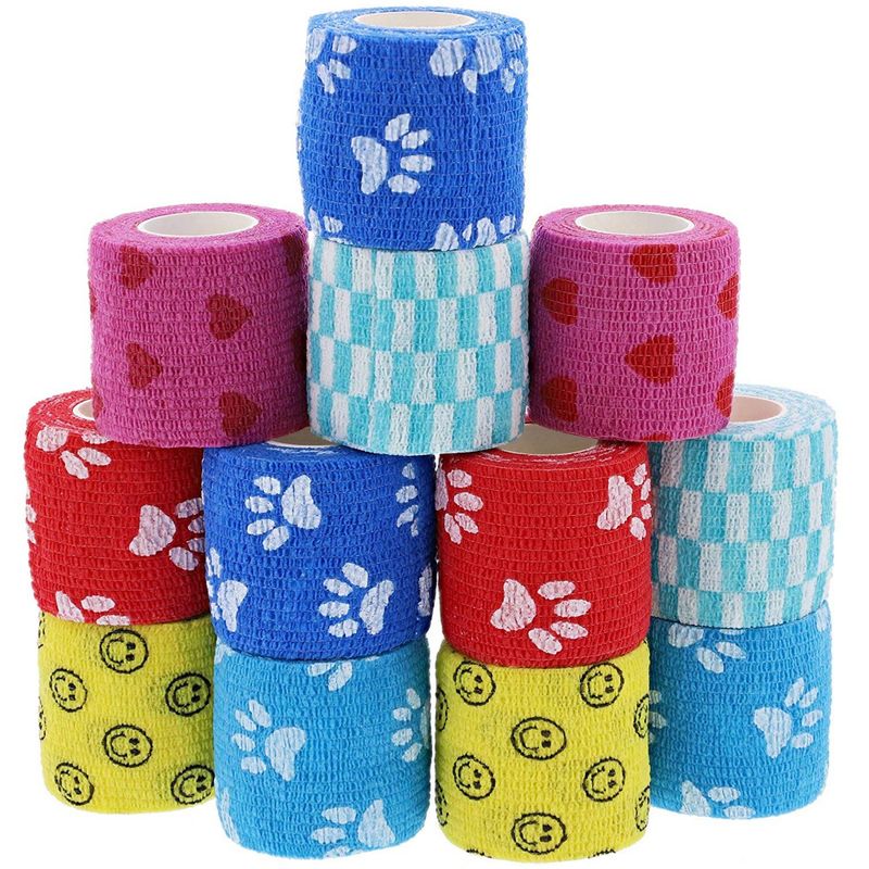 Self Adhesive Bandage Wrap, Cohesive Tape in 6 Colors and Patterns (2 in x 5 Yards, 12-Pack)