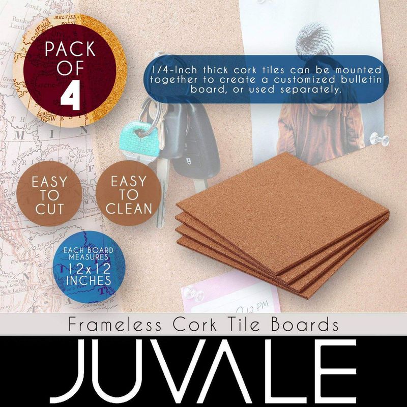 4-Pack Natural Cork Tile Boards, Frameless Mini Wall Bulletin Boards (12 x 12 Inches)