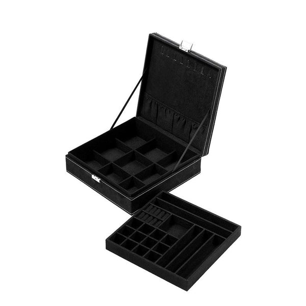 Two Layer Jewelry Box Organizer Display Storage Case with Lock & Key - Velvety Smooth Texture - Removable Tray - Compact - Ample Storage Space - Black - 10.5 x 10.5 x 3.5 Inches
