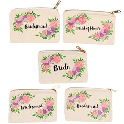 Bridal Shower Makeup Bag - 5-Pack Canvas Cosmetic Pouches for Wedding Favors, Bachelorette Party Gifts, Bride Tribe Accessories, Vintage Floral Design, 7.2 x 4.7 Inches