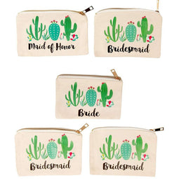 Bridal Shower Makeup Bag - 5-Pack Canvas Cosmetic Pouches for Wedding Favors, Bachelorette Party Gifts, Bride Tribe Accessories, Cactus Design, 7.2 x 4.7 Inches