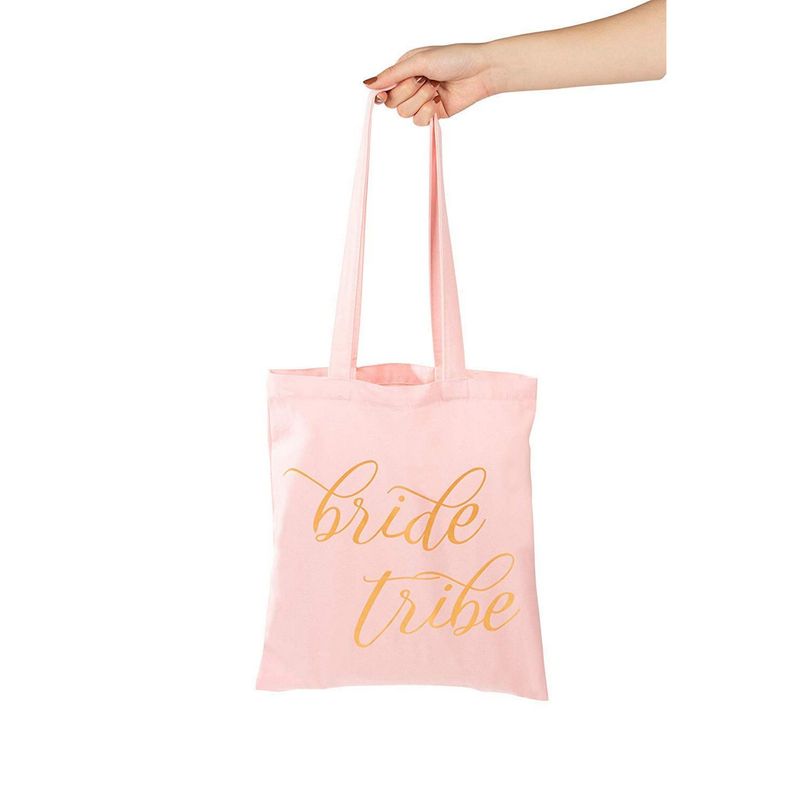Bridal Party Bags - 5-Pack Canvas Tote Bags, Gold Foil, 100% Cotton Tote for Women, Bridal Shower, Wedding Party Favors, Bridesmaid Gifts, White and Pink