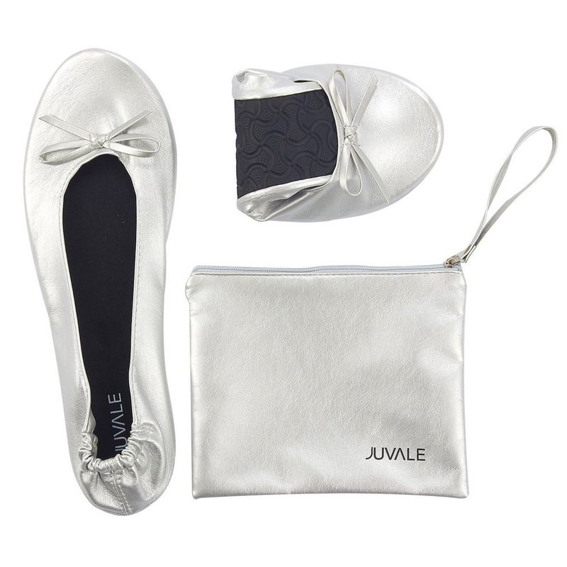 Ballerina Shoes, Foldable Ballet Flats (Silver, US 8.5-9.5)