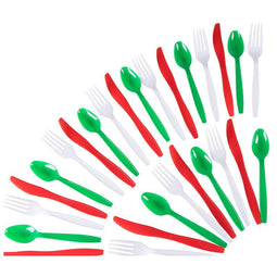 Christmas Plastic Silverware Set, Forks, Knives, Spoons (Red, White, Green, 144 Pieces)
