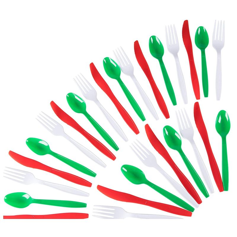 Christmas Themed Plastic Silverware Set, Forks, Knives, Spoons (96 Pieces)