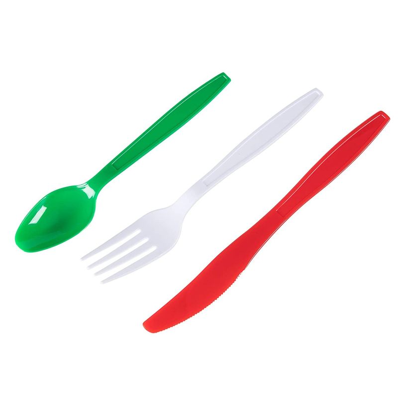 Christmas Themed Plastic Silverware Set, Forks, Knives, Spoons (96 Pieces)