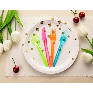 Rainbow Plastic Silverware Set, Neon Forks, Knives, Spoons (144 Pieces)