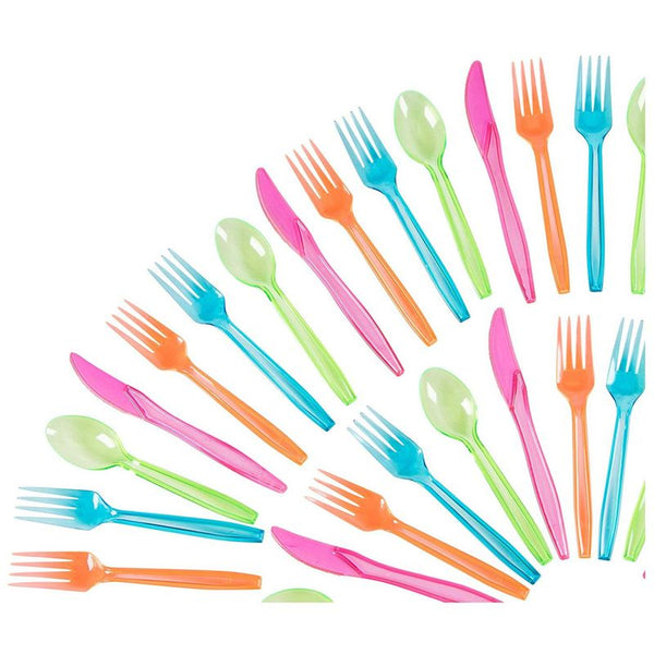 Rainbow Plastic Silverware Set, Neon Forks, Knives, Spoons (216 Pieces)