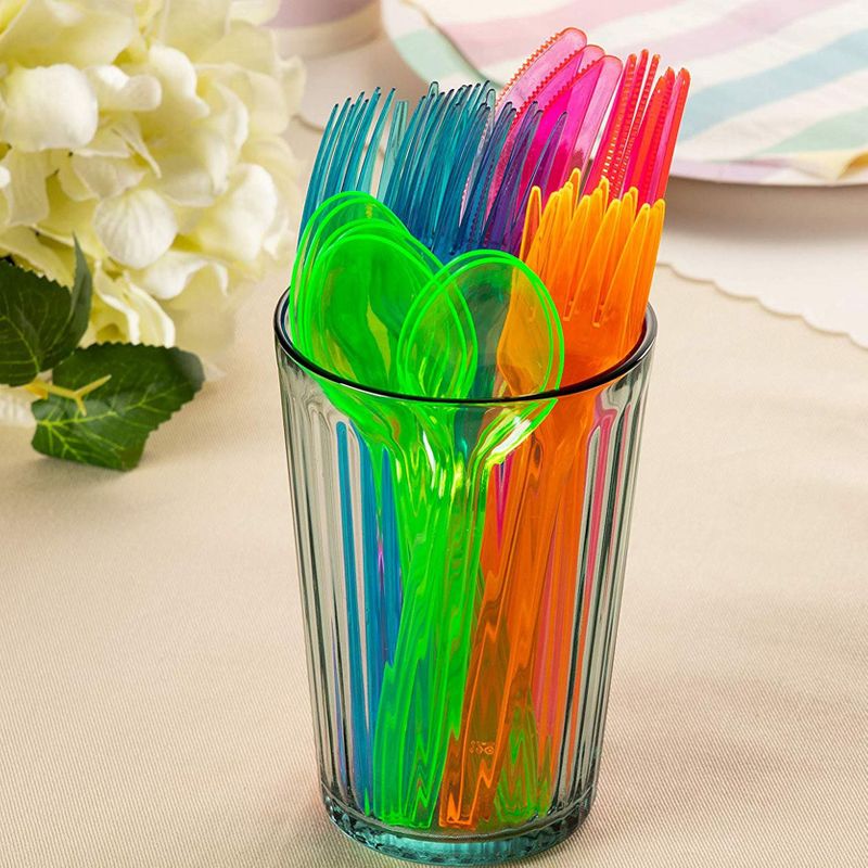 Rainbow Plastic Silverware Set, Neon Forks, Knives, Spoons (216 Pieces)