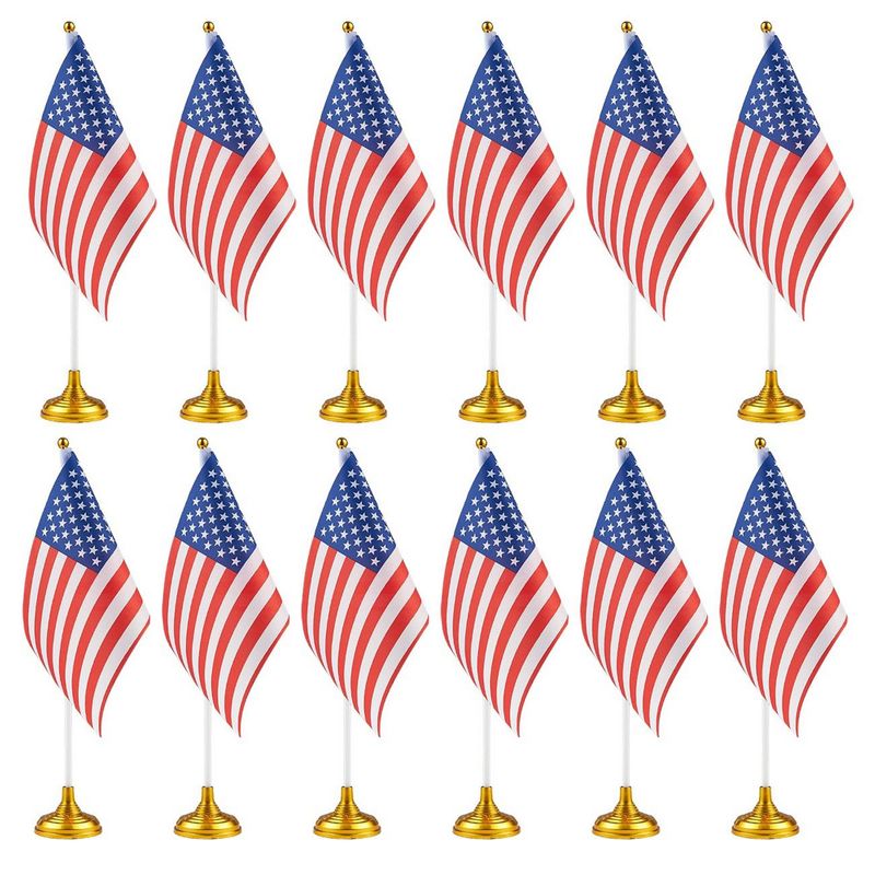 12 Pack Mini US American Flags with Stands for Desk, July 4th Decor (8 Inches)